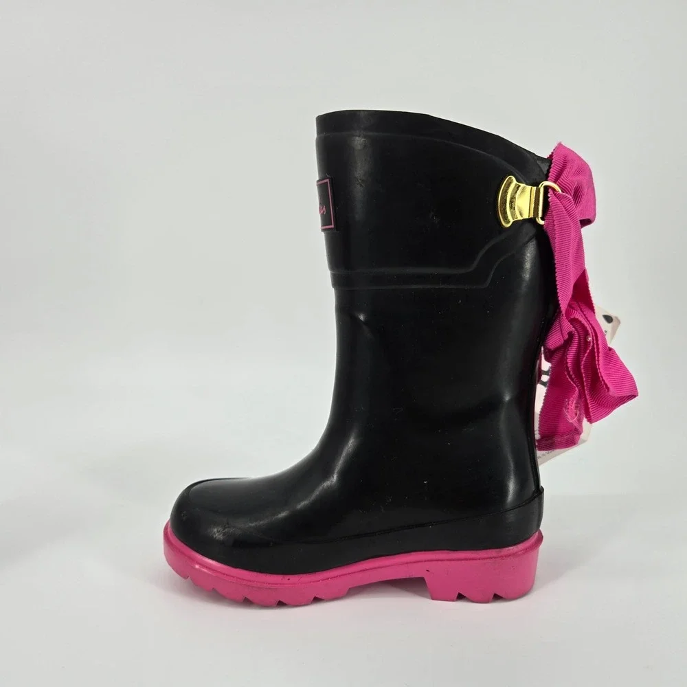 Joules‎ Bow Welly Girls Rain Boots Black Pink Ribbon Waterproof Size US 9 NWT